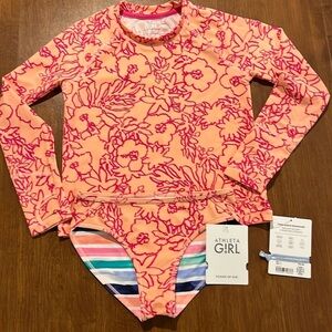 NWT Athleta Girl Long Sleeve Rashguard and matching bikini bottoms Size 7.